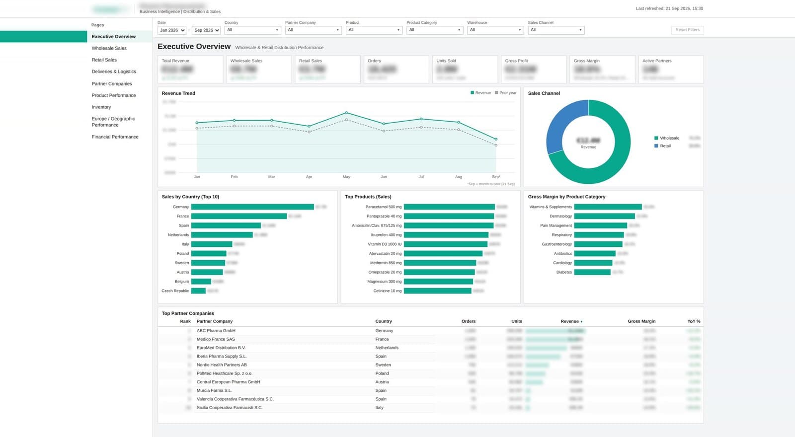 Executive overview page of the analytics platform: revenue trend, sales channel, sales by country, top products, gross margin by category and top partner companies