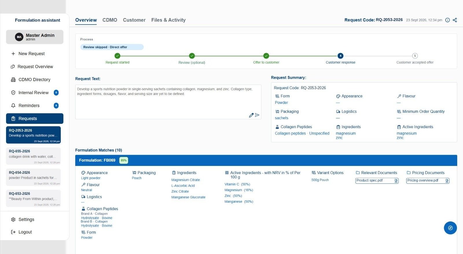 The assistant showing a structured request and the closest formulation match